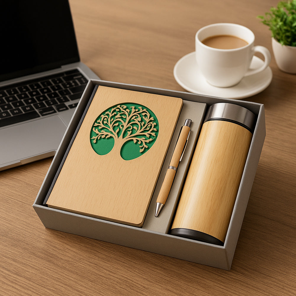 Eco-friendly bamboo gift set with flask, notebook, and pen in presentation box