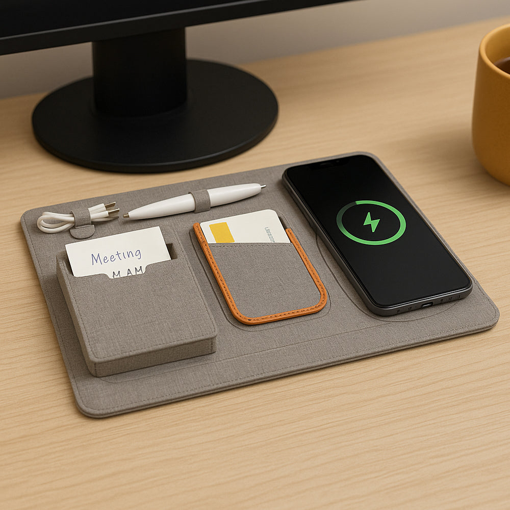 Desktop organizer with wireless charger, detachable compartments, and PU finish for office desk setup