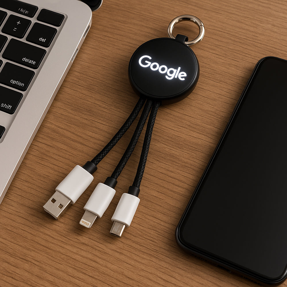 LED glow logo USB charging cable with Type-C, Lightning, and Micro USB connectors – ideal corporate tech gift
