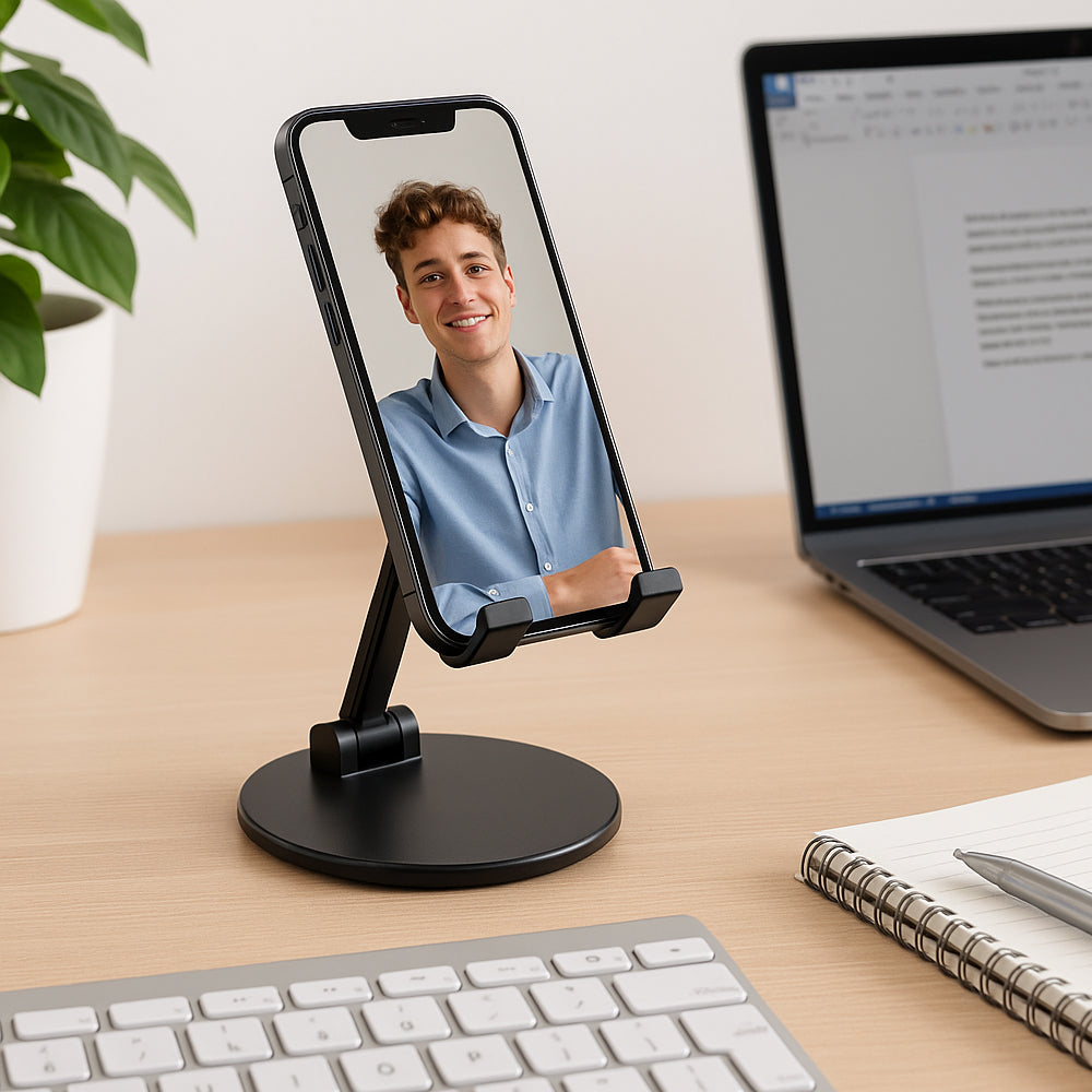 Rotatable foldable mobile stand with 360° adjustable base for desk use