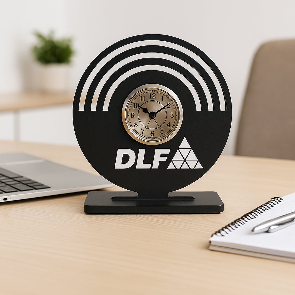Elegant DLF-branded dye cut metal table clock with round design and analog dial