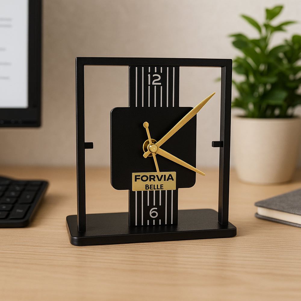 Metal desktop table clock with golden hands and black frame – Forvia Belle