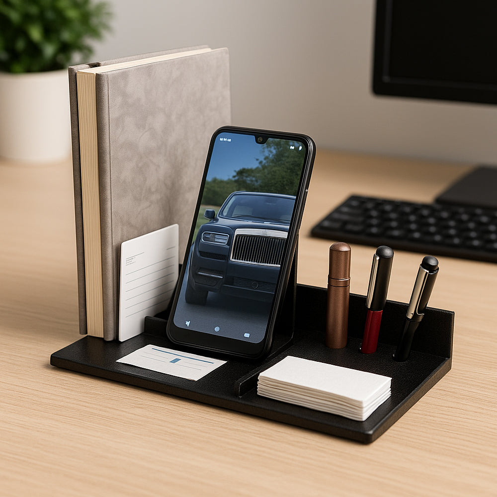 Metal desktop organizer with book, pen, card, slip, and mobile holder – perfect for office desk setup