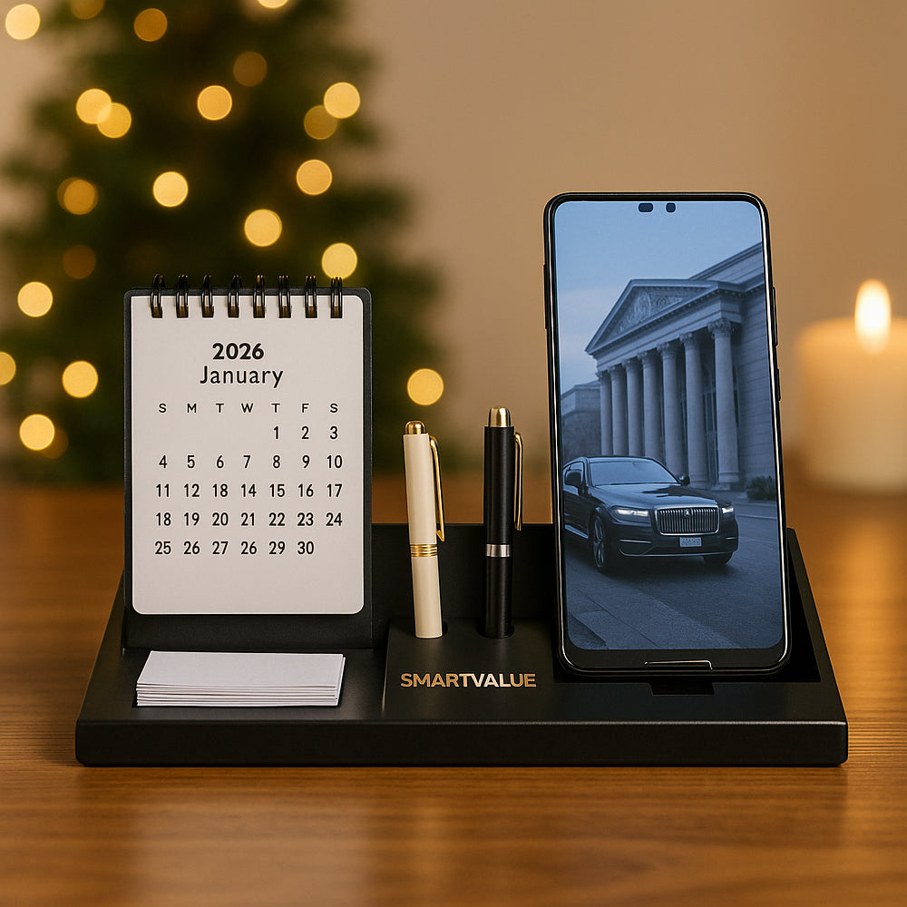 Metal desktop calendar organizer with pen, card, and mobile holder – ideal for office desks and corporate gifting