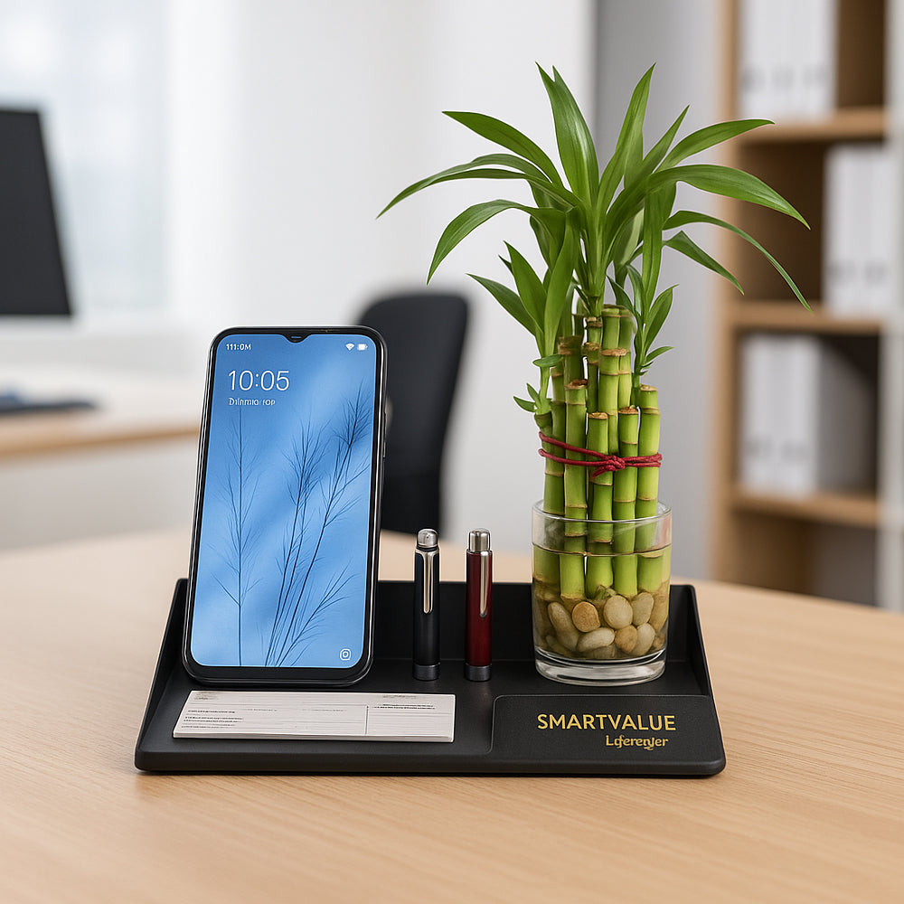 Planter metal desktop organizer with bamboo plant, mobile and pen holder for office desk