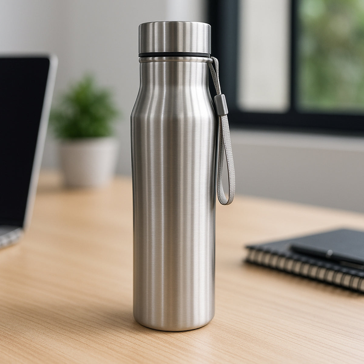 Stainless steel 925ml water bottle with carry strap – durable, eco-friendly drinkware
