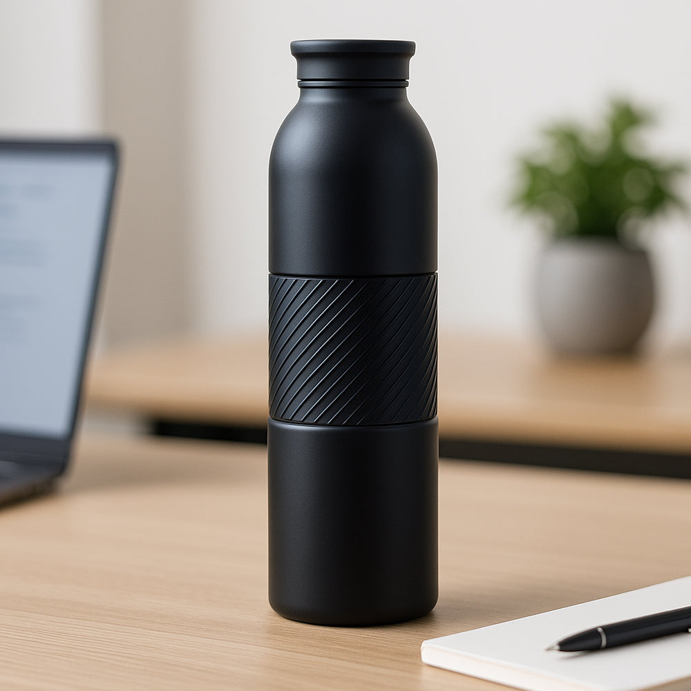 Premium matte black stainless steel water bottle 600ml – ideal for office, gym, and corporate gifting