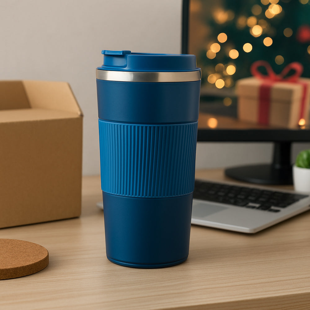Stainless steel travel mug 510ml with blue grip sleeve – ideal for office, travel, and gifting