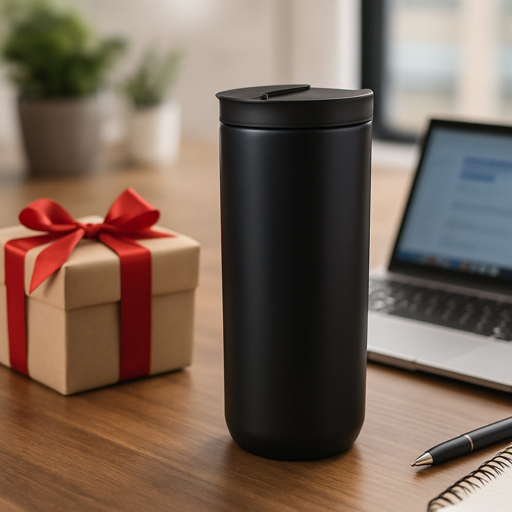 Black stainless steel travel mug 350ml with spill-proof lid