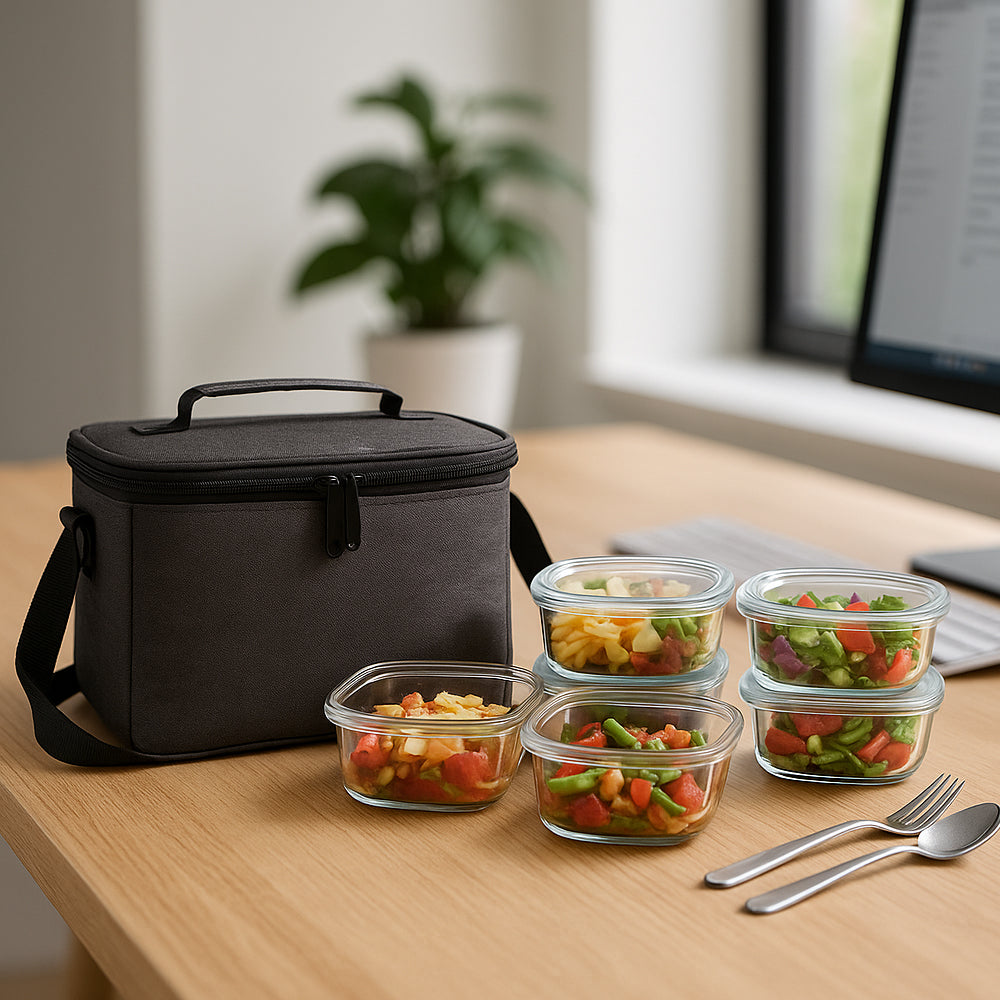 Premium borosilicate glass lunch box set with carry bag, 4 containers, spoon and fork – ideal for office or gifting