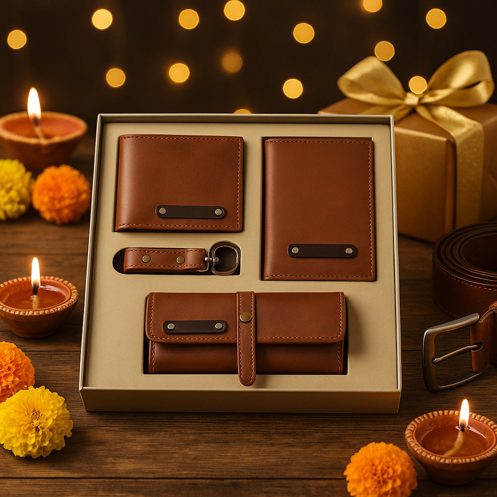 Premium vegan leather gift set with wallet, keychain, passport cover, belt, and specs case – perfect corporate gift for men