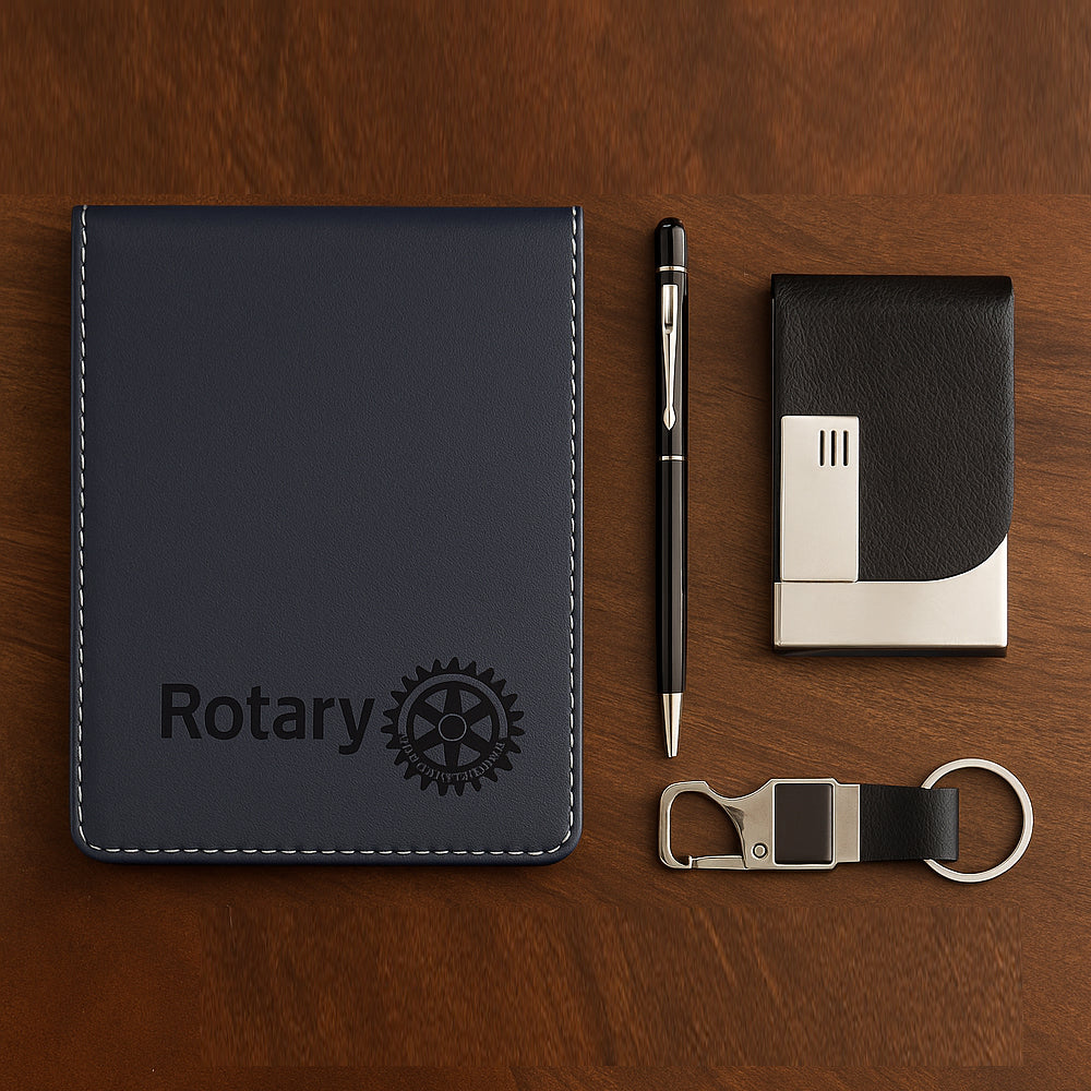 Premium Rotary corporate gift set with notepad, wallet, pen, and keychain – ideal for business gifting