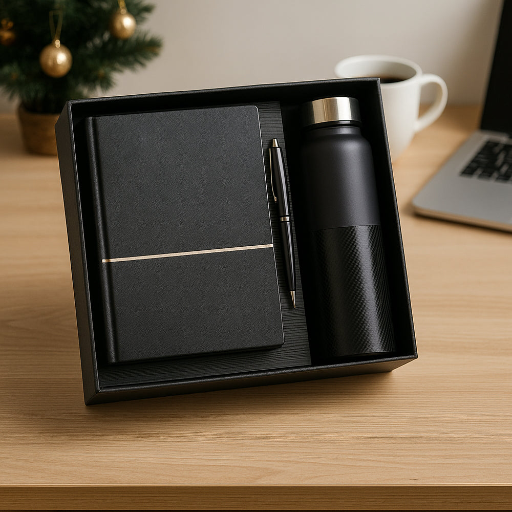 Premium corporate gift set with notebook, metal bottle, and pen – perfect for office or corporate gifting