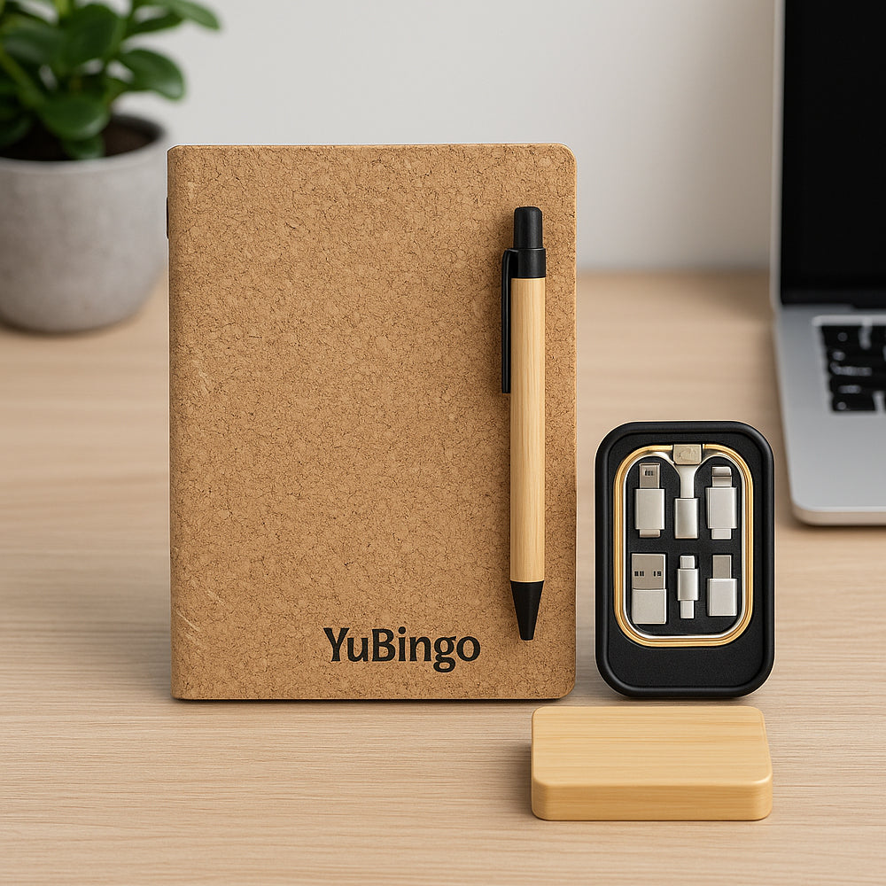 Eco-friendly cork & bamboo gift set with notebook, pen, card holder and charging kit – perfect corporate gift