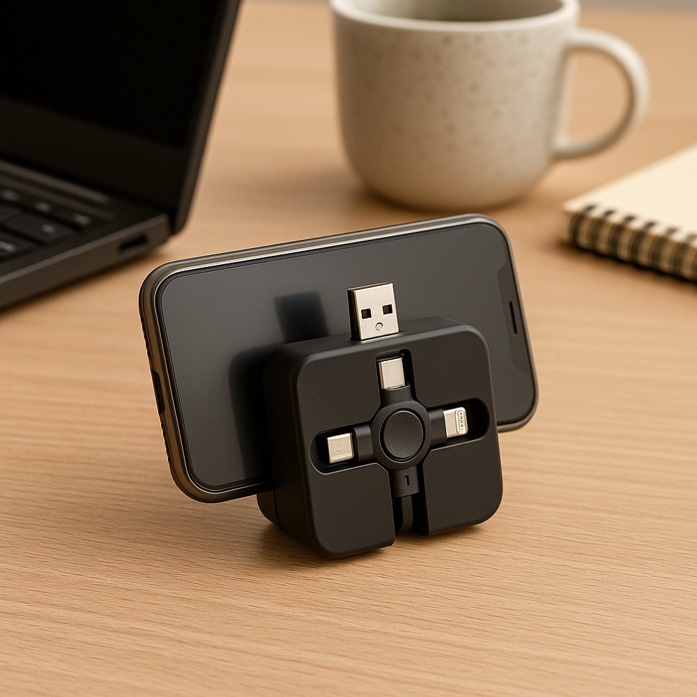 Compact multi charging cable with built-in mobile stand, travel-friendly tech gift