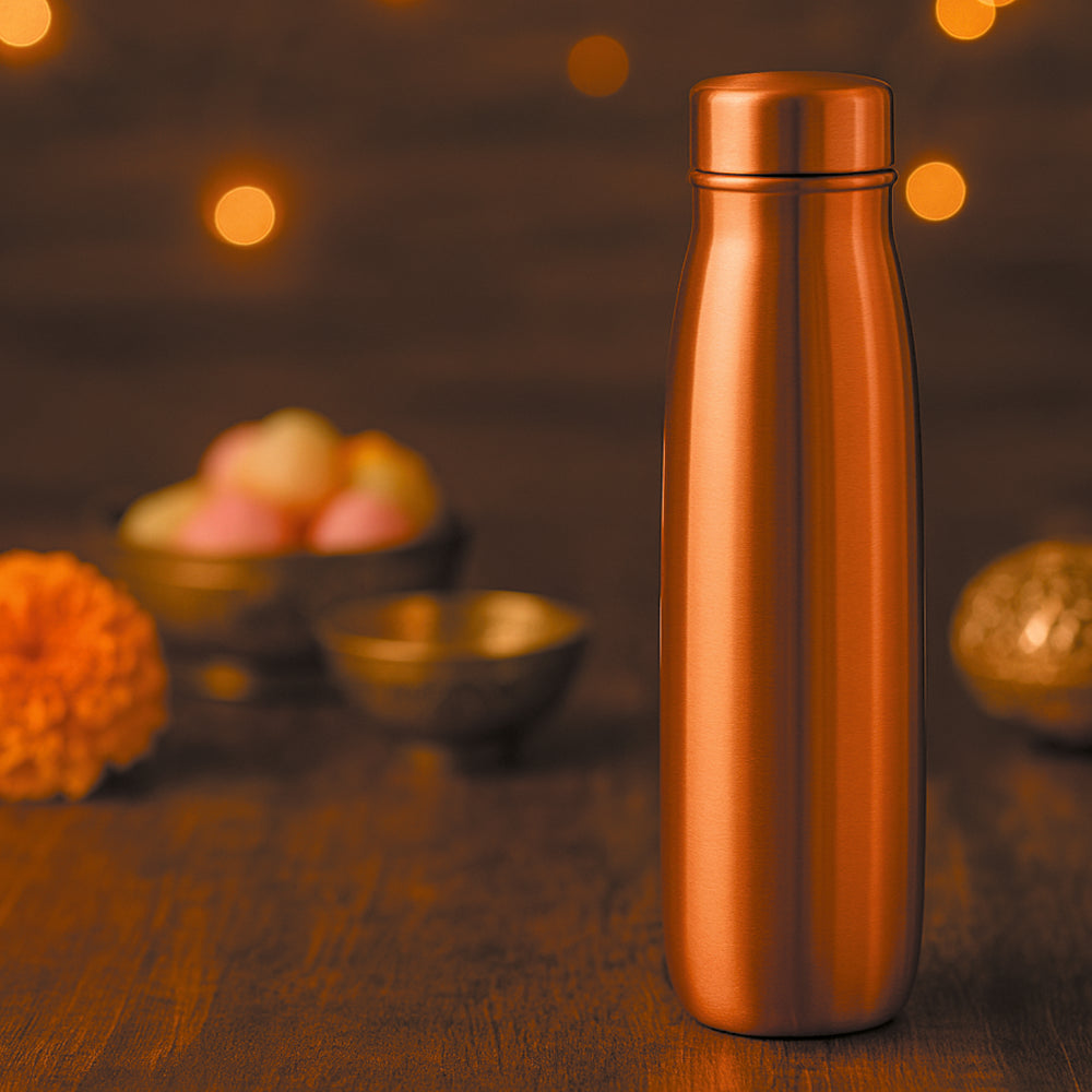 Pure copper water bottle 900ml with leakproof cap, handcrafted eco-friendly drinkware by GBI