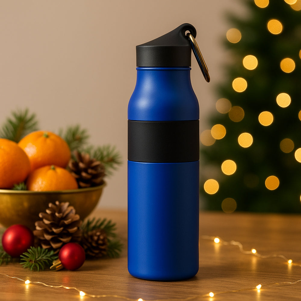 Blue stainless steel 500 ml water bottle with carabiner lid, sleek matte finish, 26 cm height
