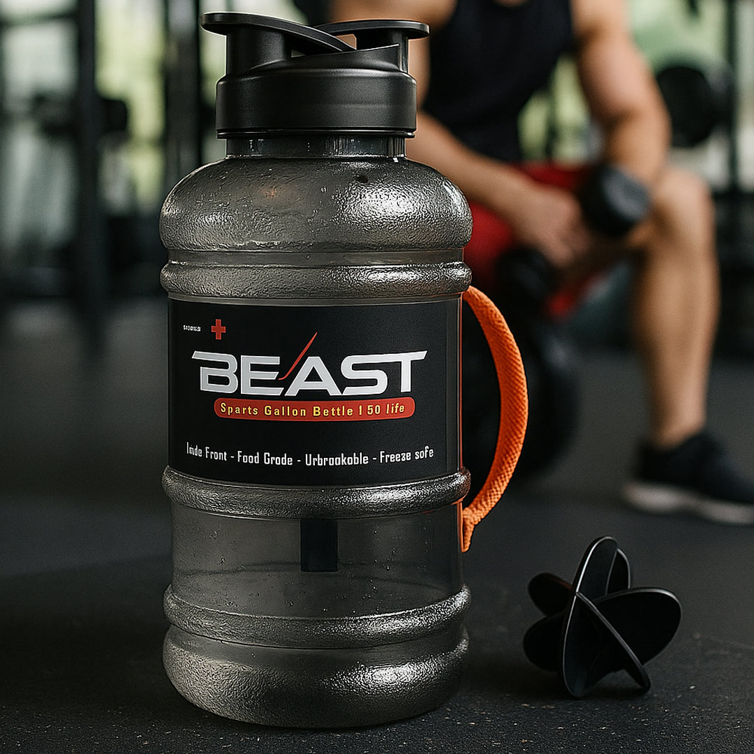 Beast Sports Gallon Water Bottle 1.5L with mixer ball, lifestyle view in kitchen