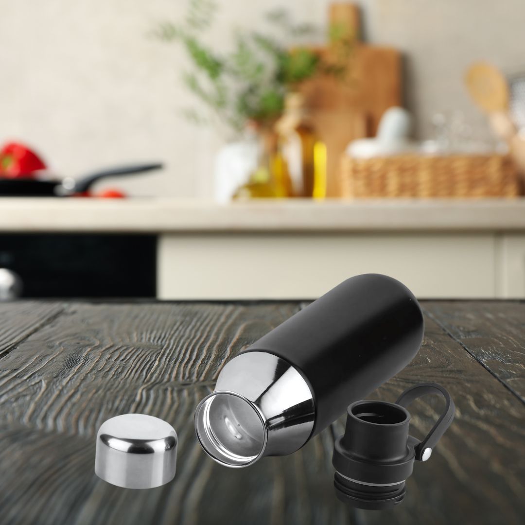 Matte black stainless steel vacuum flask with detachable cap and handle, open view