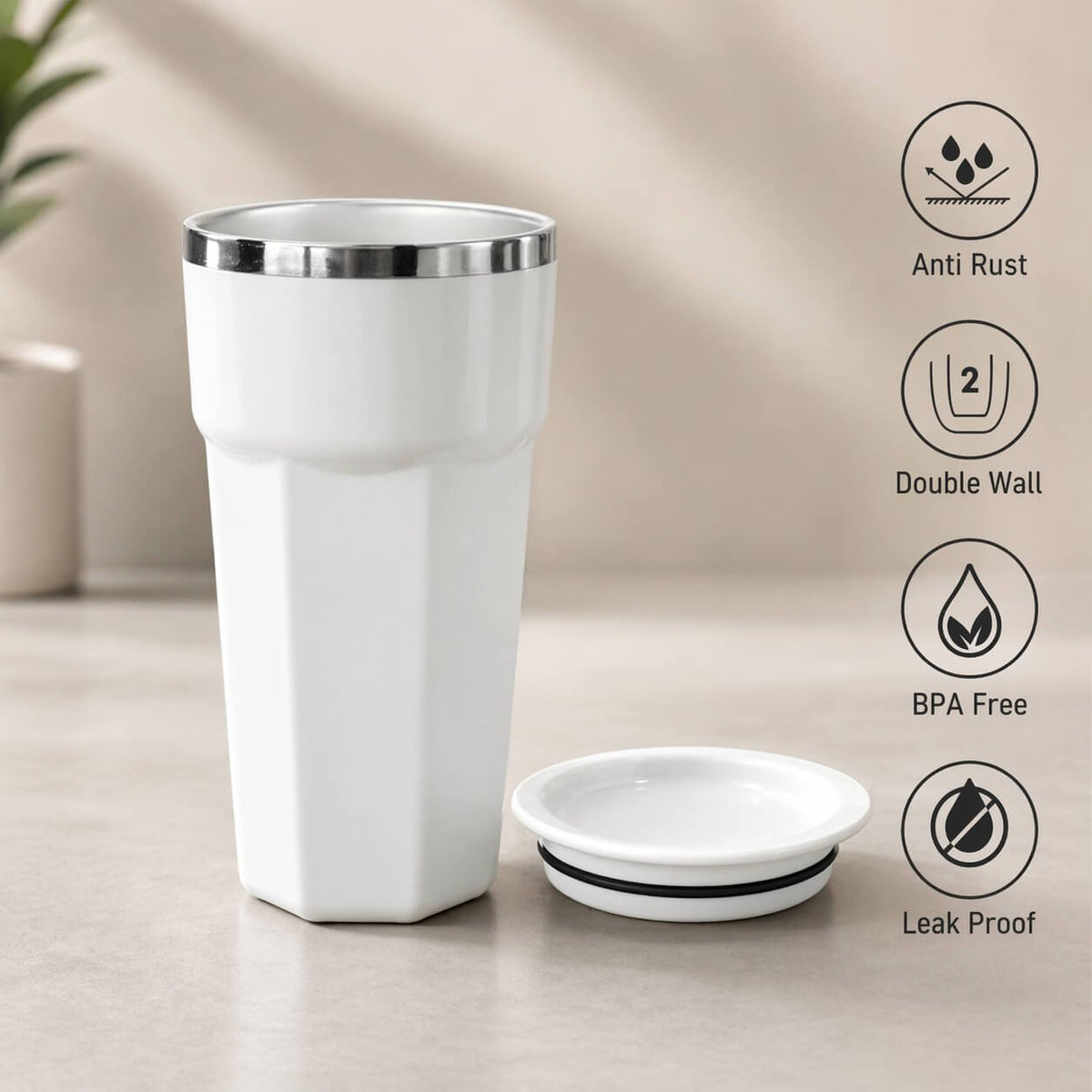 Hexa : Tall sipper mug with Stainless steel inside White — corporate gift