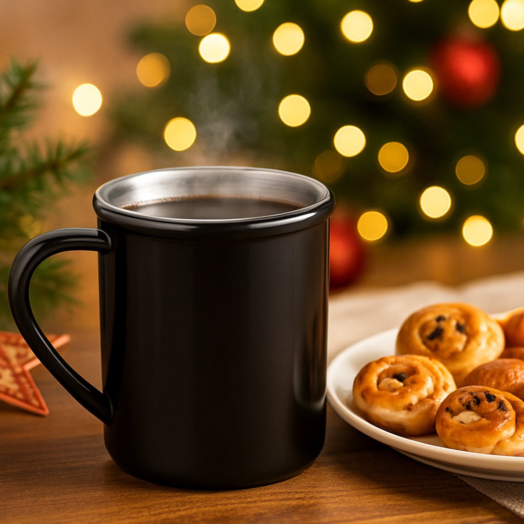 Shiny steel coffee mug with mirror finish interior and detachable lid