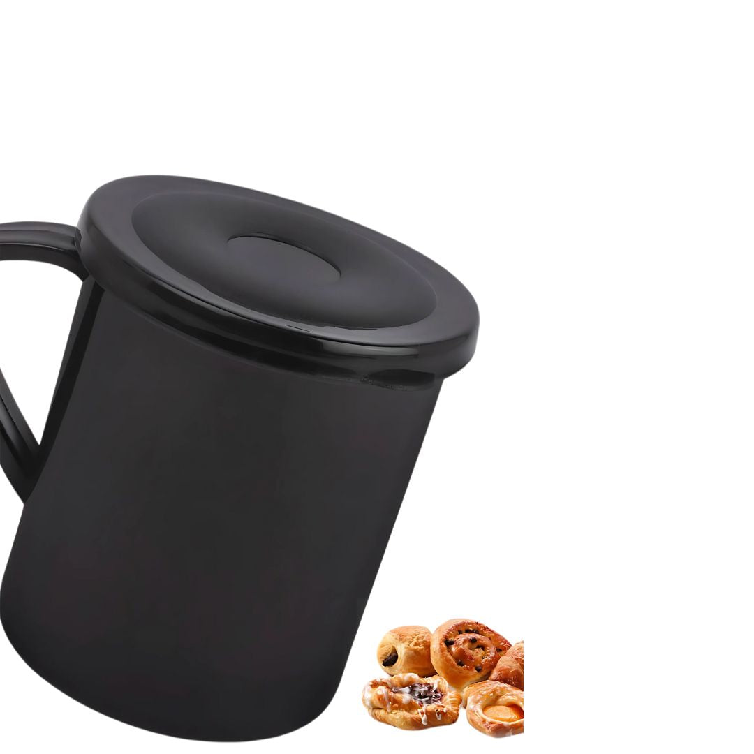 Premium shiny steel coffee mug with handle and lid – side view