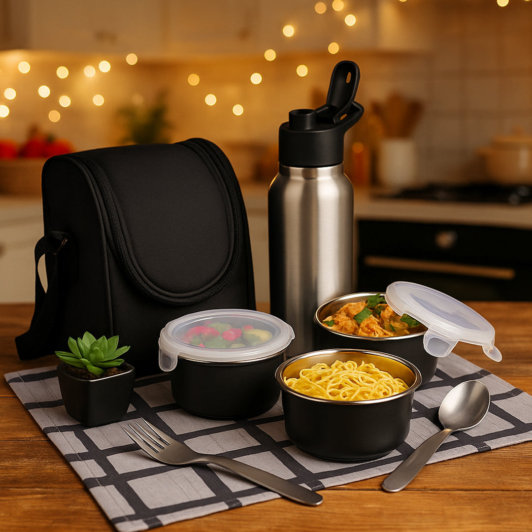 All-in-one Pik-Kit lunch box set with steel containers, bottle, fork, and table mat