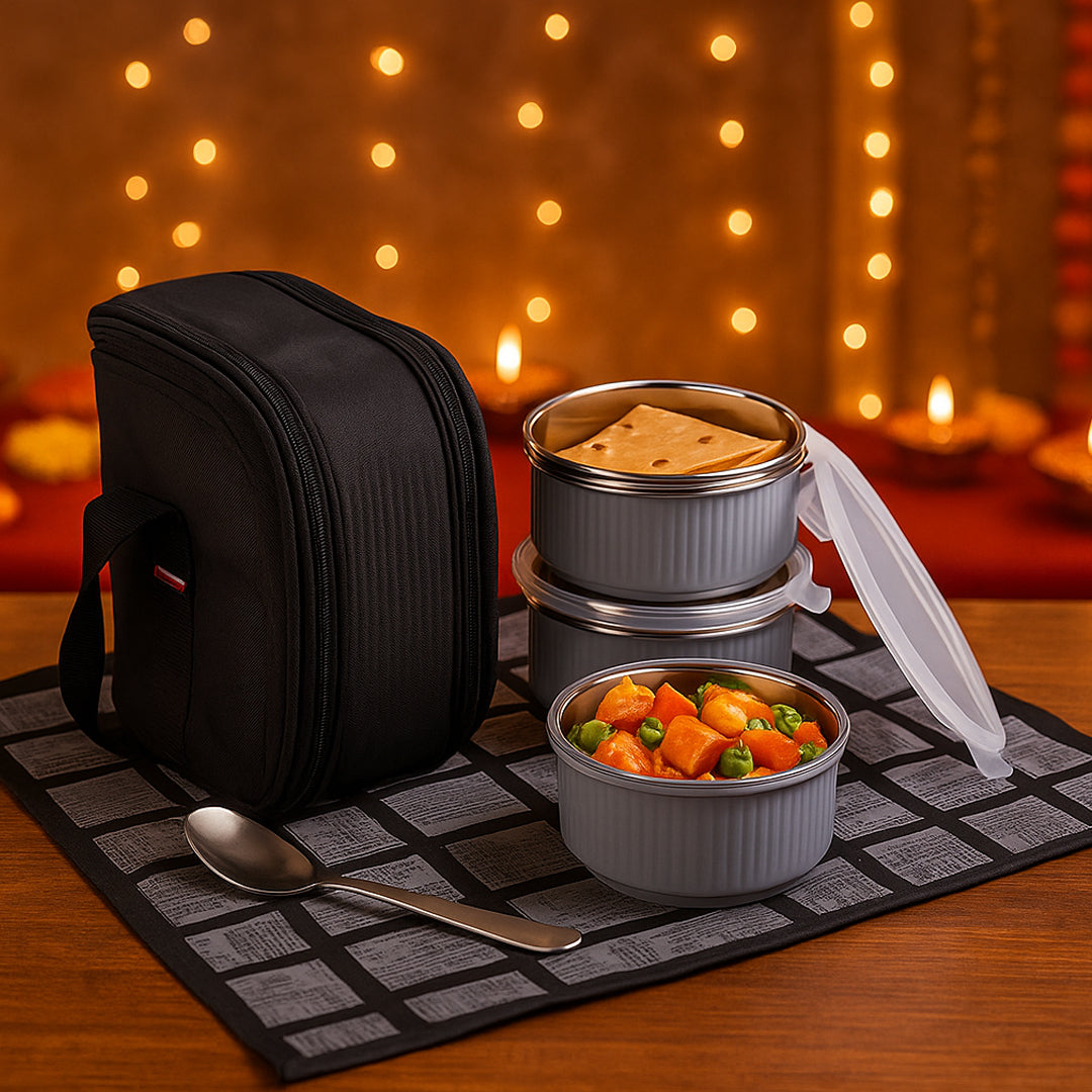 PIK-KIT Mini lunch box combo with steel containers and bag displayed in kitchen