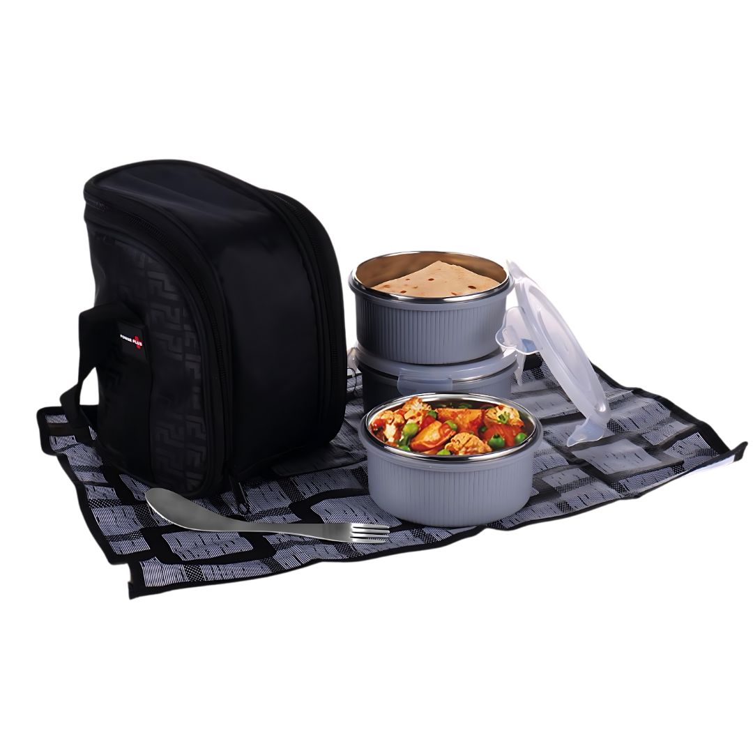 PIK-KIT Mini lunch box combo with steel containers and bag displayed in kitchen