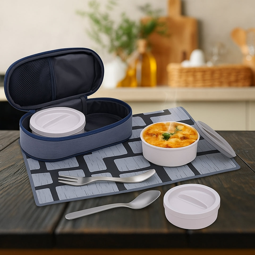 Lunch box set with microwave containers, fork, spoon, and waterproof tablemat