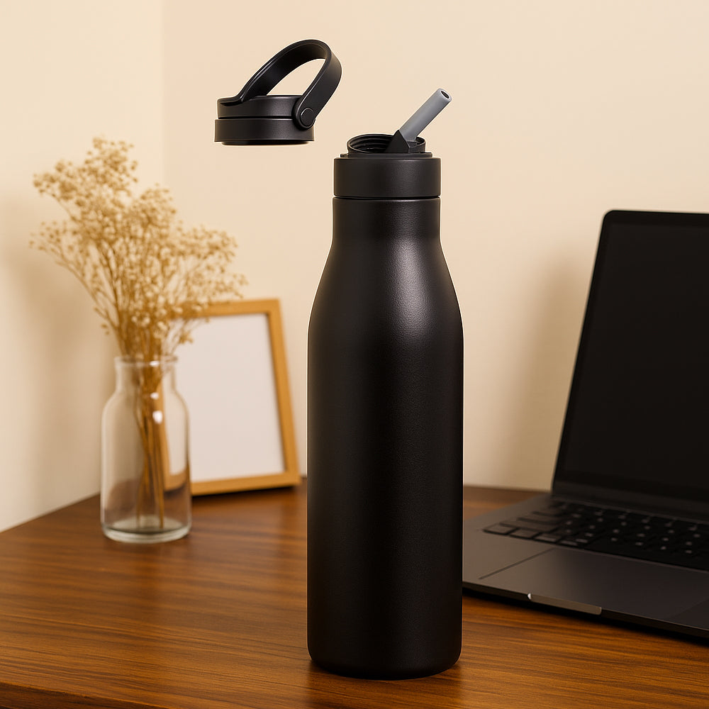 HeatVault Sip 900 ml matte black vacuum flask with straw lid, double wall 304 steel, Made in India