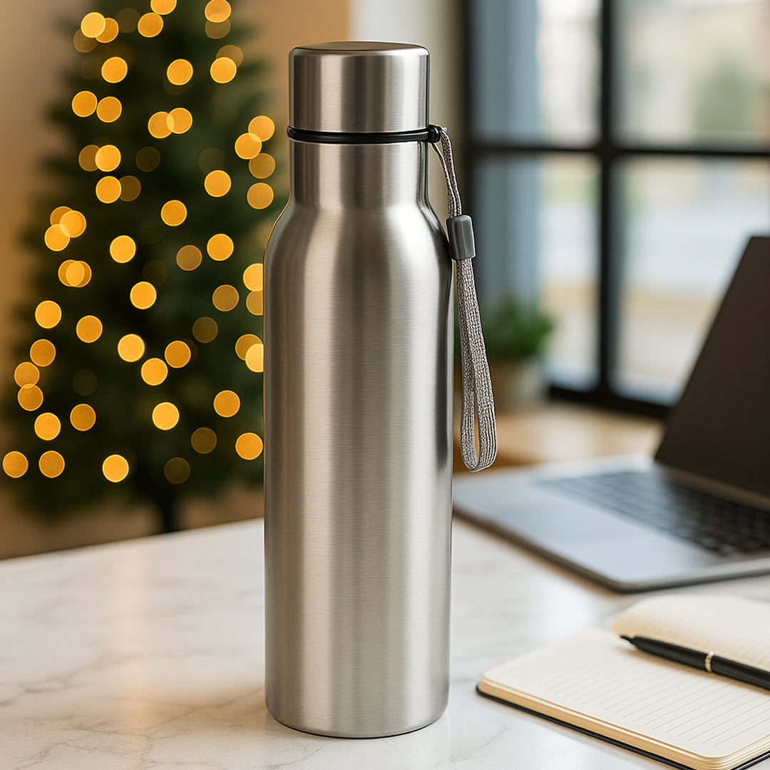 Sleek Bolt 750 stainless steel water bottle with carry strap