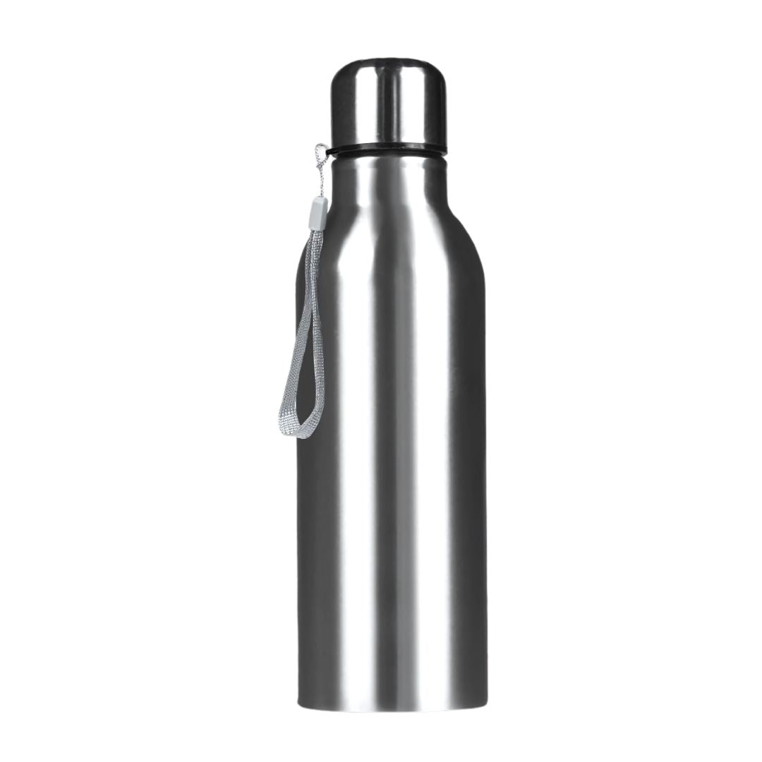 Stainless steel water bottle with carry strap held in hand – lifestyle kitchen background