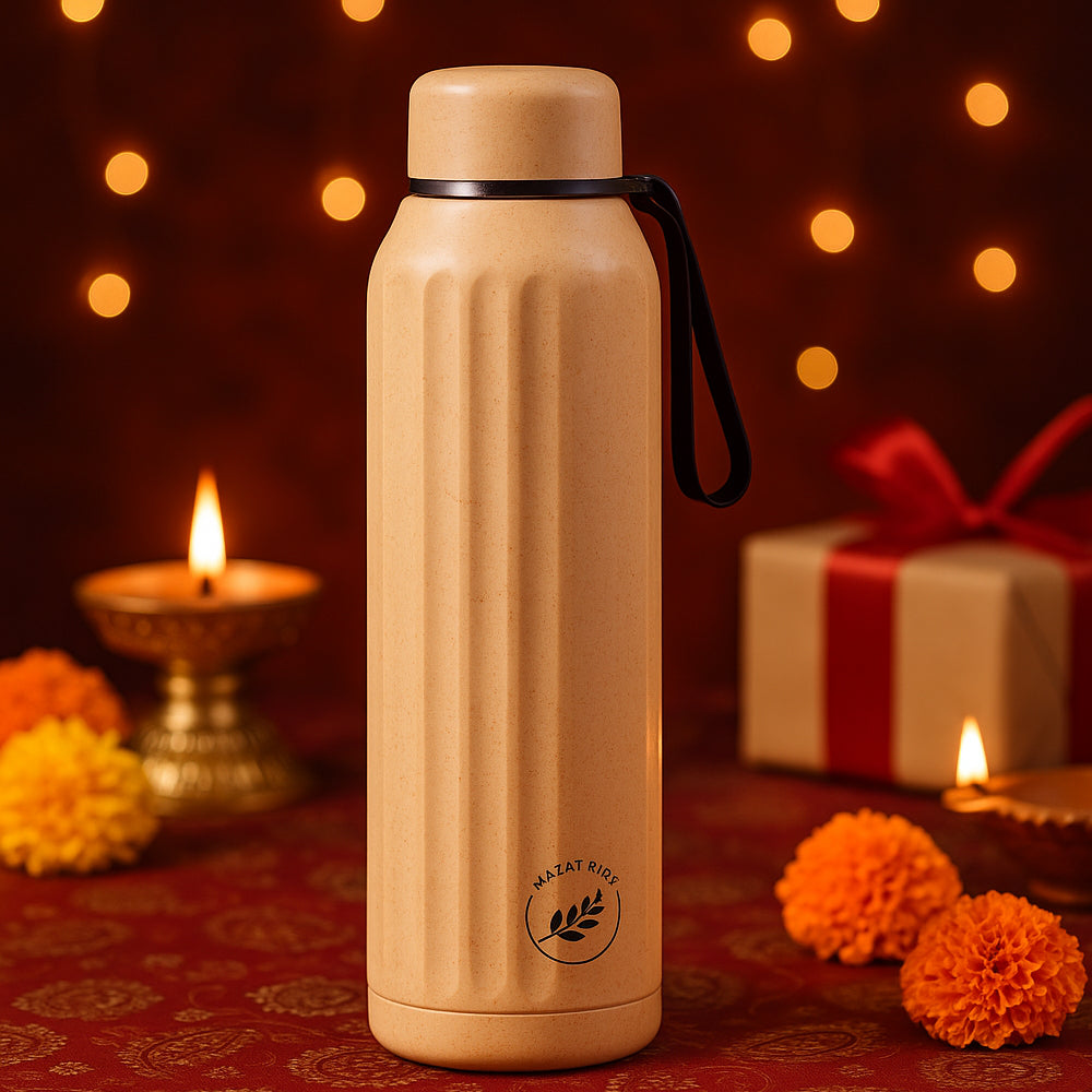 Eco-friendly insulated stainless steel bottle with wheat fiber and silicon strap – keeps drinks hot or cold for 4–6 hours