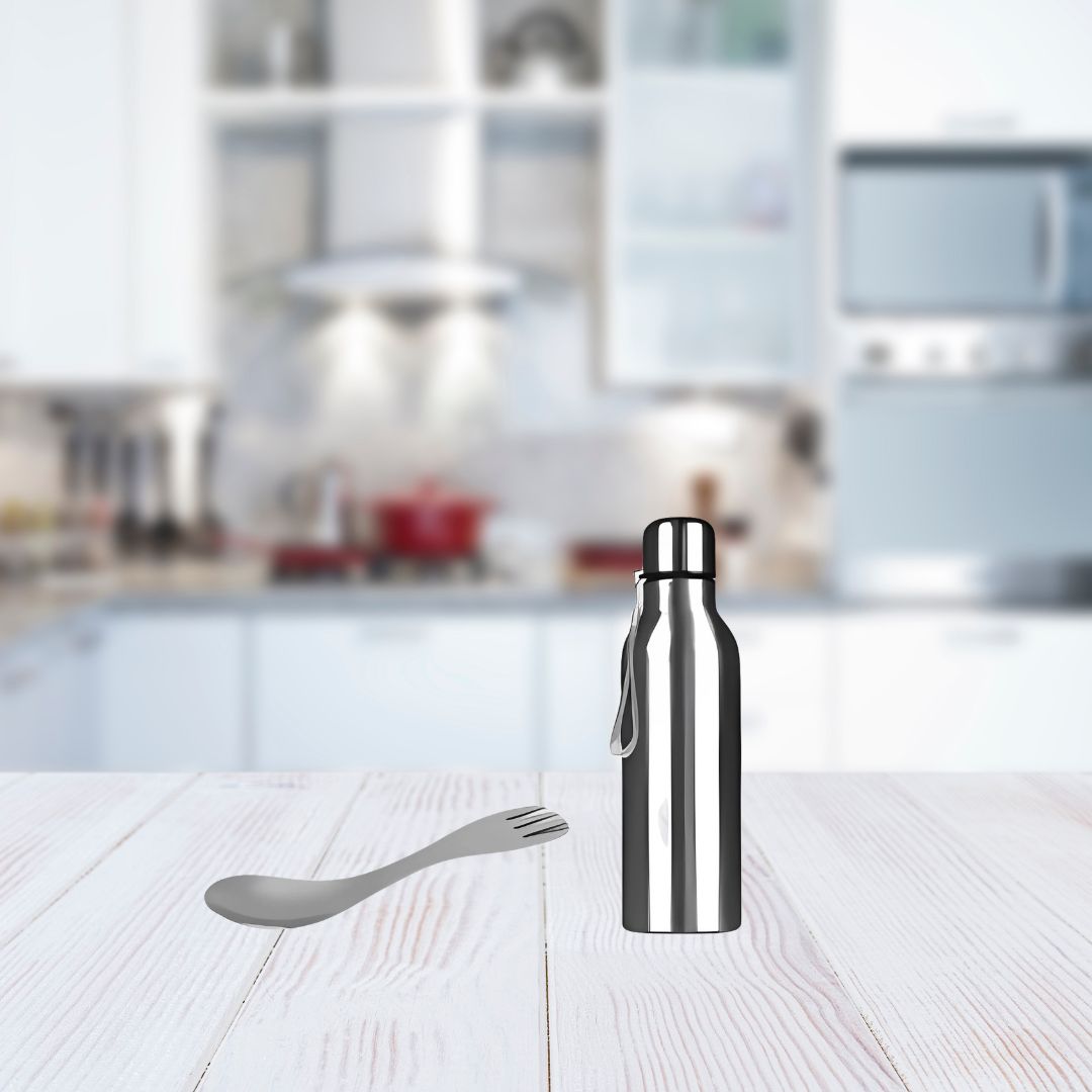 Stainless steel water bottle with reversible fork spoon – PIK-KIT Joy lunch box set