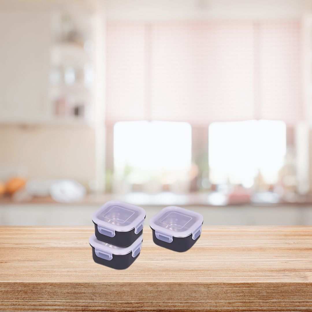 Set of three square stainless steel airtight containers