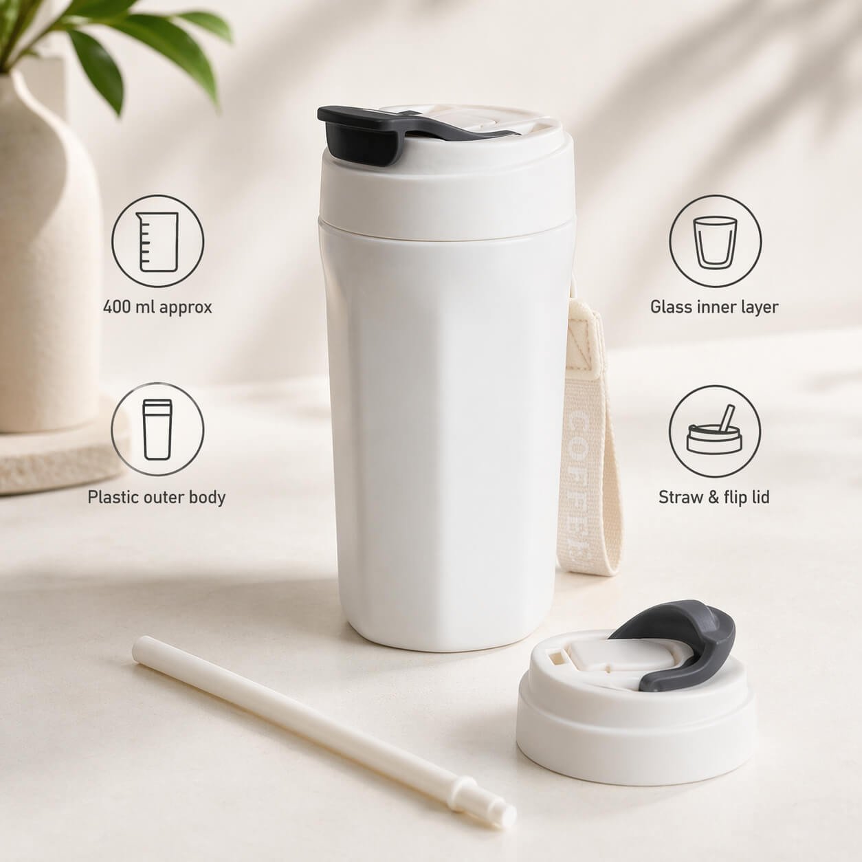 DuoSip: Glass sipper mug with outer Plastic body  — corporate gift
