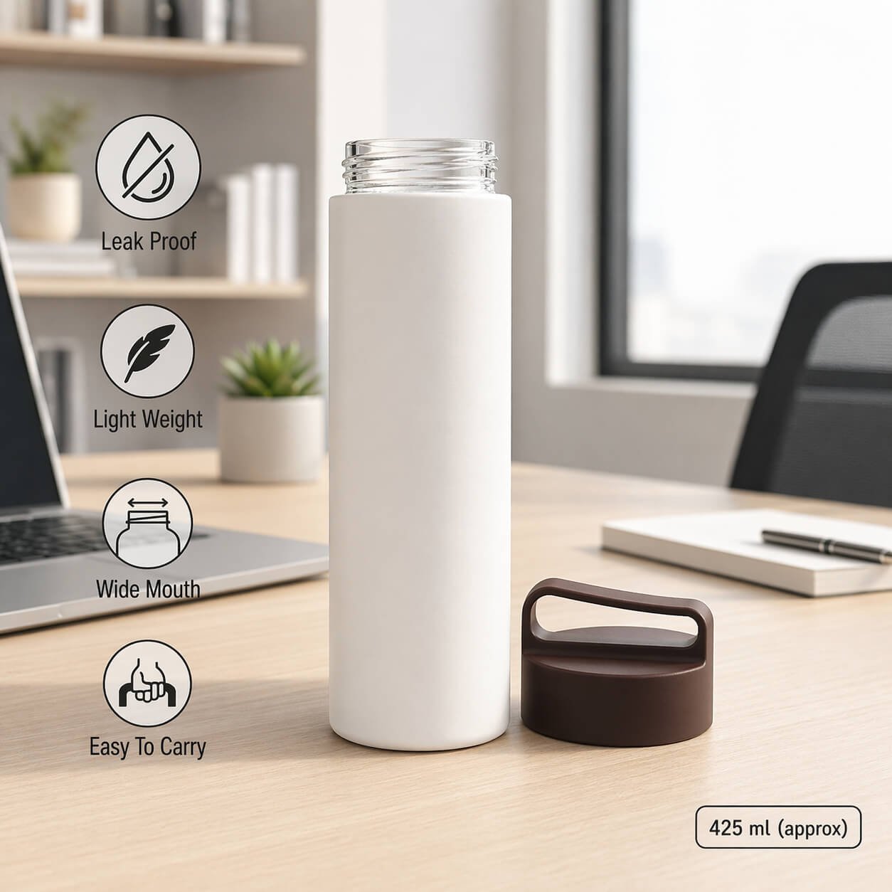 SafeSip Tilt: Glass bottle with outer plastic body and Easy carry handle  — corporate gift