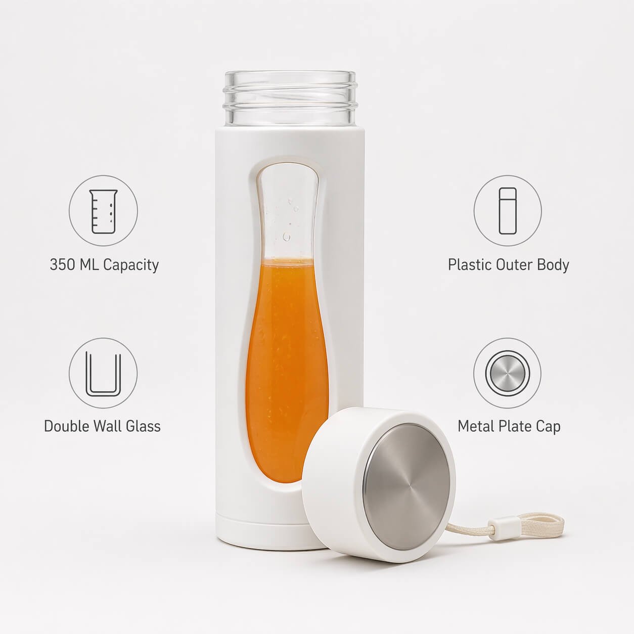 SafeSip: Glass bottle with outer plastic body and metal plate cap  — corporate gift