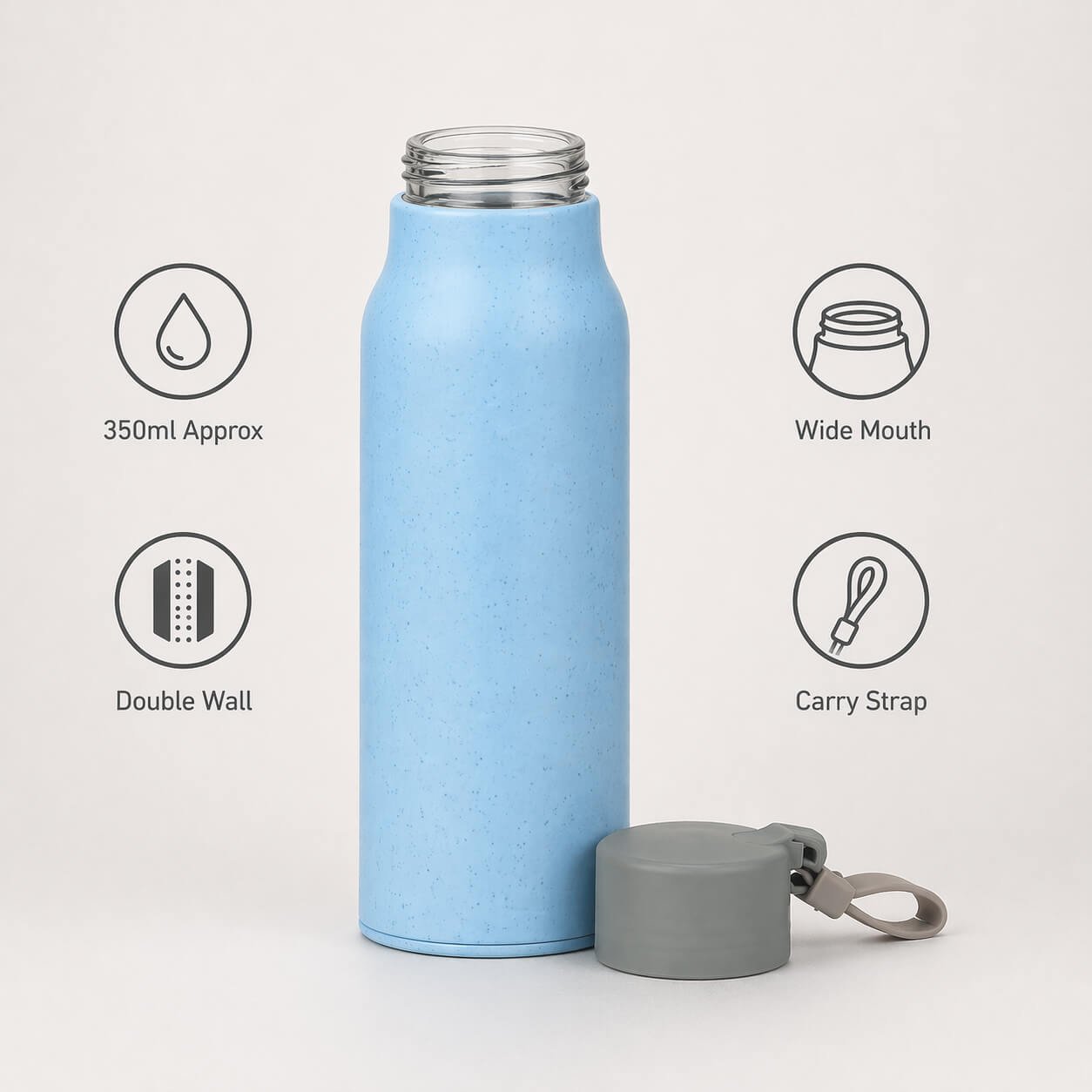 SafeSip Eco II: Glass bottle with wheat straw body and Easy carry strap Blue — corporate gift