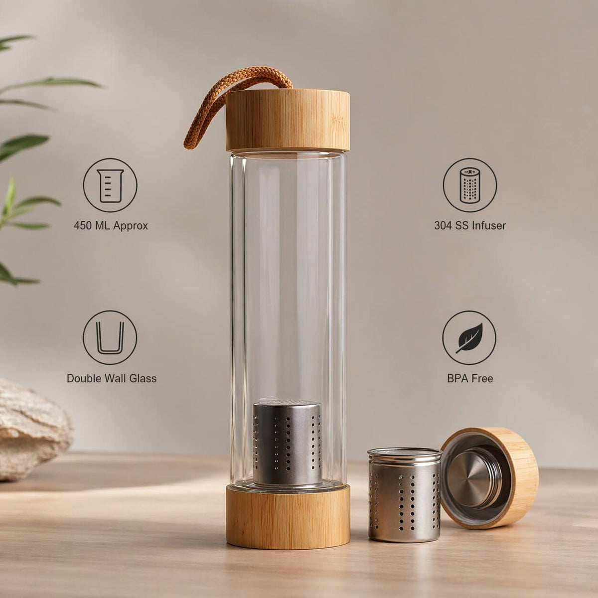ClearSip EcoFuse: Double wall Infuser Glass bottle with Bamboo lids and SS infuser basket  — corporate gift