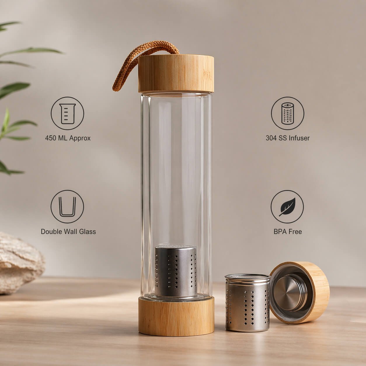 ClearSip EcoFuse: Double wall Infuser Glass bottle with Bamboo lids and SS infuser basket  — corporate gift