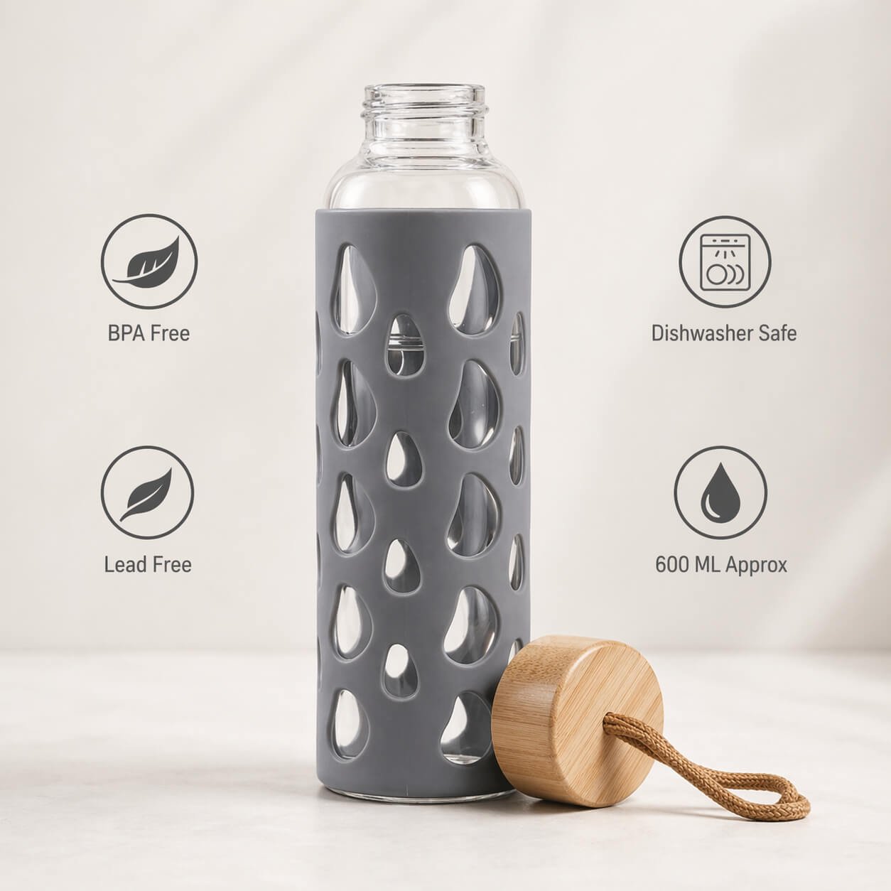 ClearSip Wrap: Borosilicate bottle with Bamboo Cap and Silicon sleeve  — corporate gift