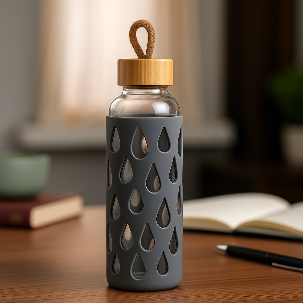 Premium borosilicate glass water bottle with bamboo cap and grey silicone sleeve – eco-friendly and BPA-free