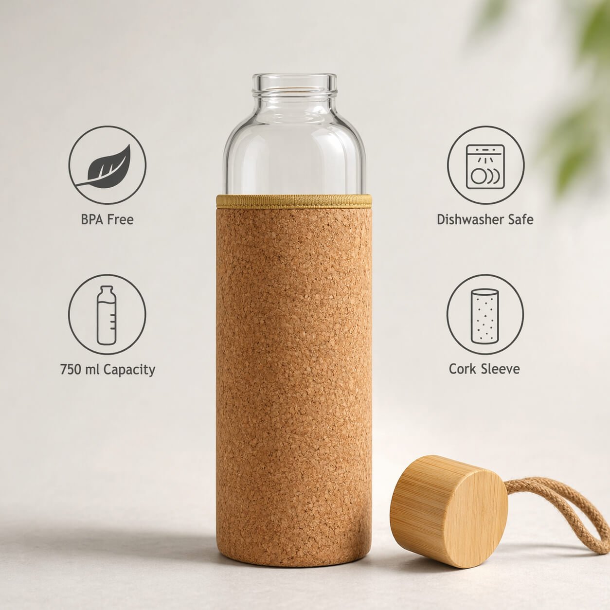 ClearSip EcoWrap: Borosilicate Glass bottle with Bamboo Cap and Cork sleeve  — corporate gift