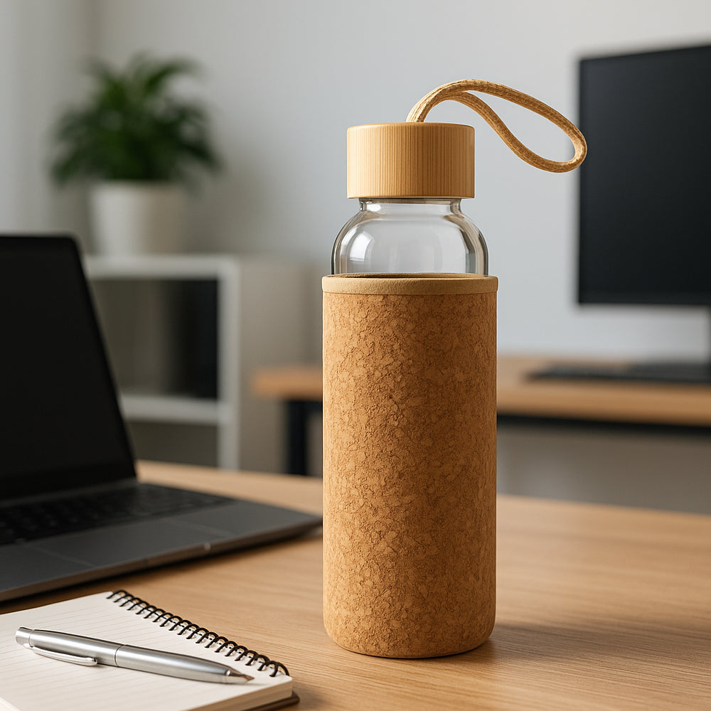 Eco-friendly borosilicate glass bottle with bamboo cap and cork sleeve – reusable and sustainable drinkware