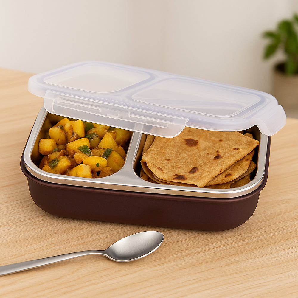 TokuBox Split slim stainless steel lunch box with PU insulation, 2 partitions, and spoon – ideal for office or travel meals