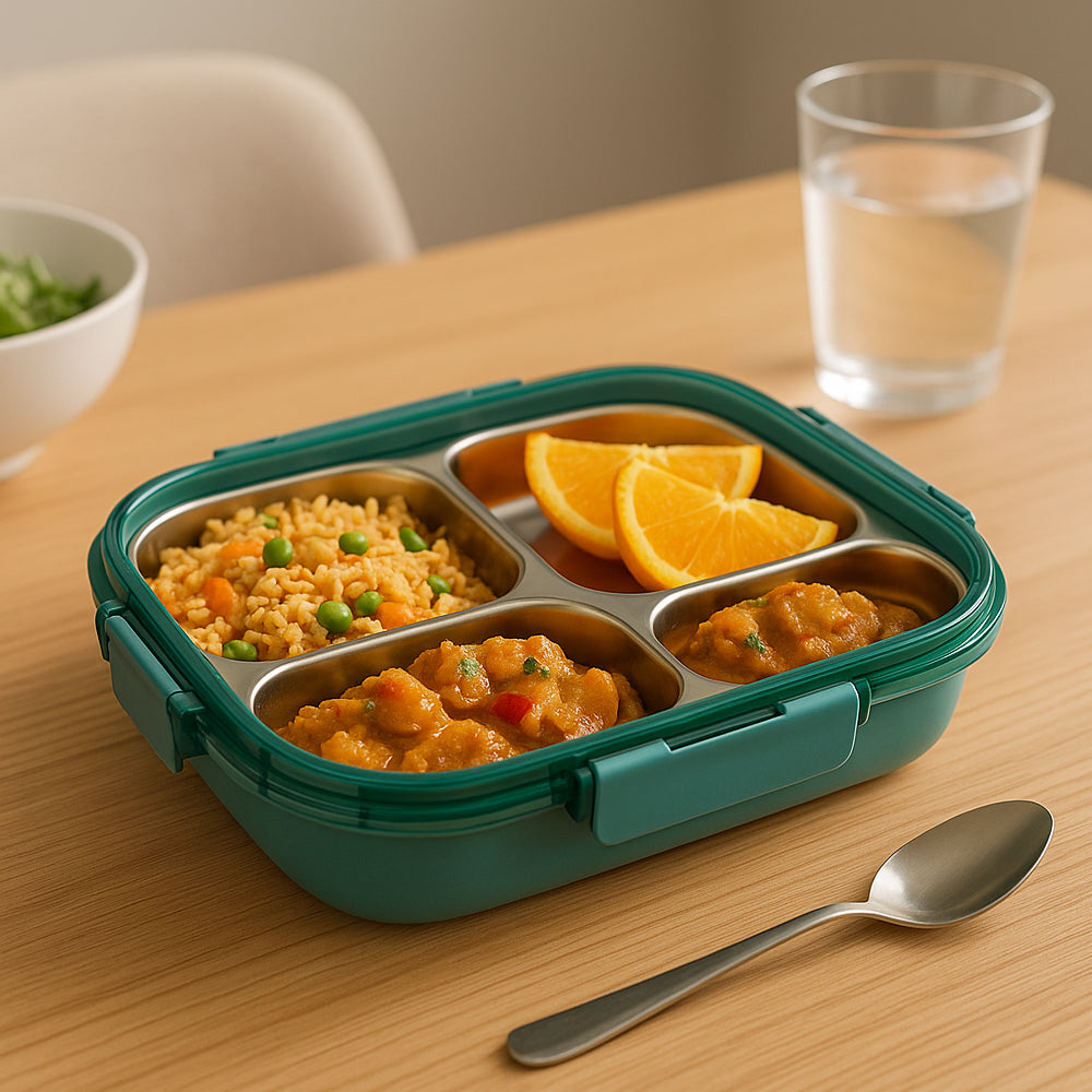 TokuBox Trio slim lunch box with stainless steel inside, PU insulated, leakproof design with 3 compartments and spoon