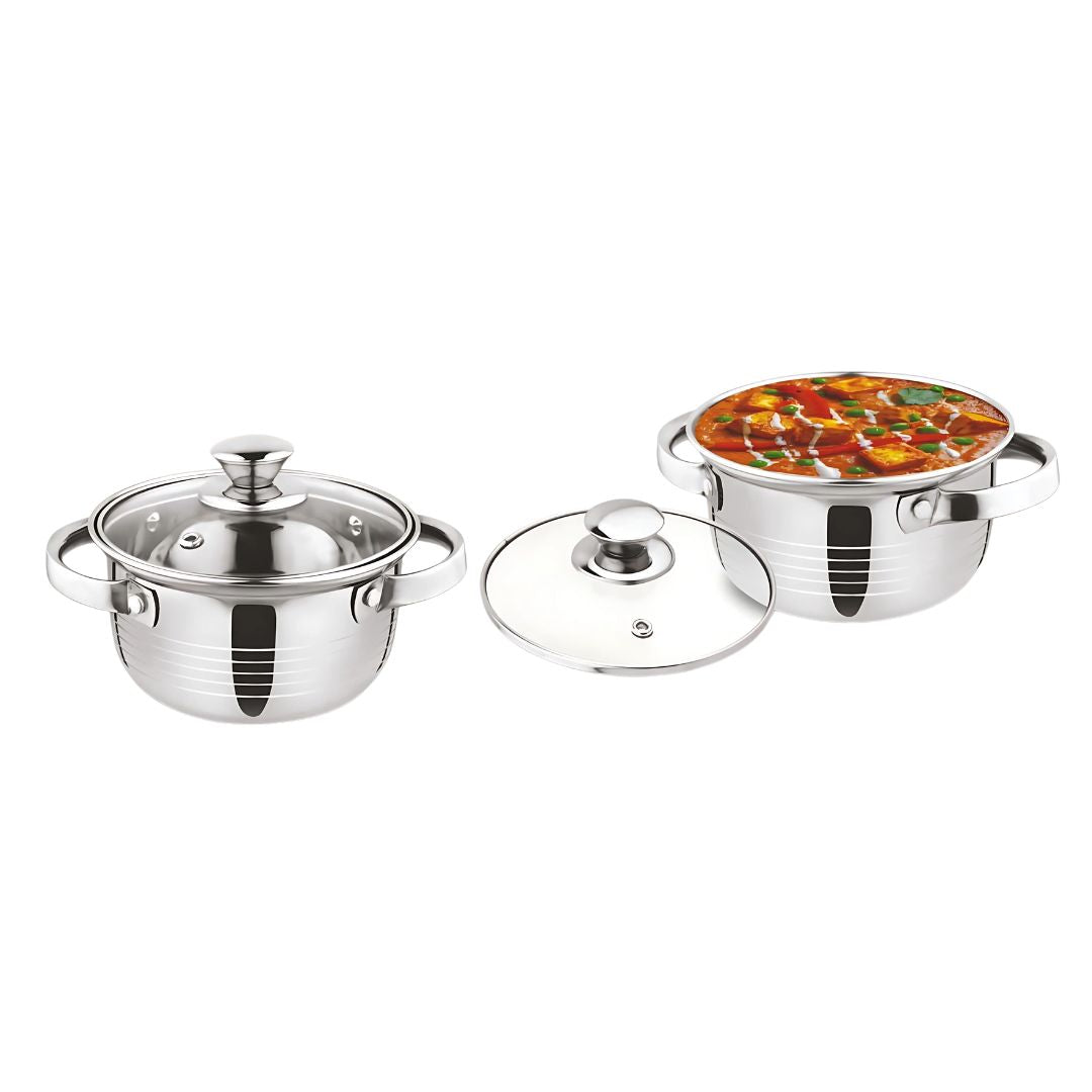 Premium stainless steel casserole set with glass lids in a kitchen setting