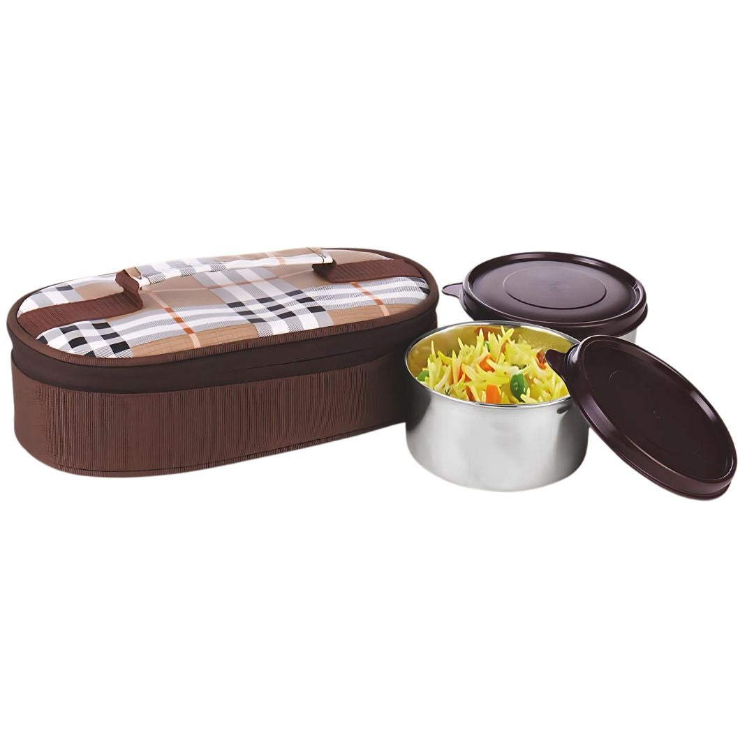 Lifestyle shot of Zippy Go lunch bag with stainless steel containers on wooden table